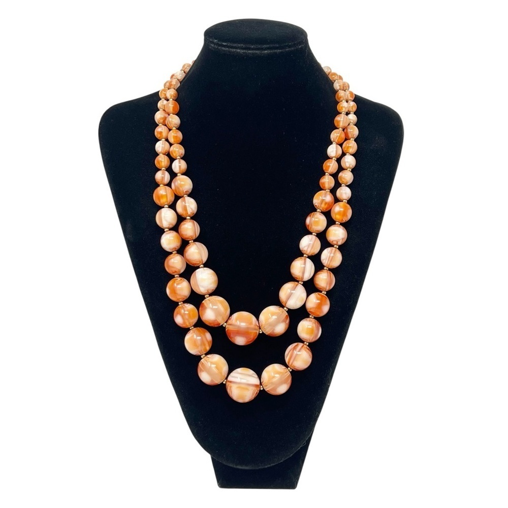 Vintage Beaded Lucite Necklace Double Strand Bib Orange and White